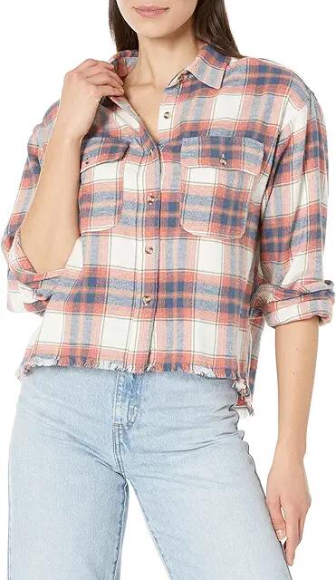 Lucky Brand Raw Edge Plaid Cropped Button-Down Shirt (Cream Plaid) Women's Clothing Cover