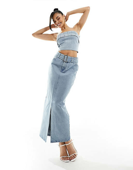 Simmi buckle detail maxi denim skirt in blue - part of a set Cover