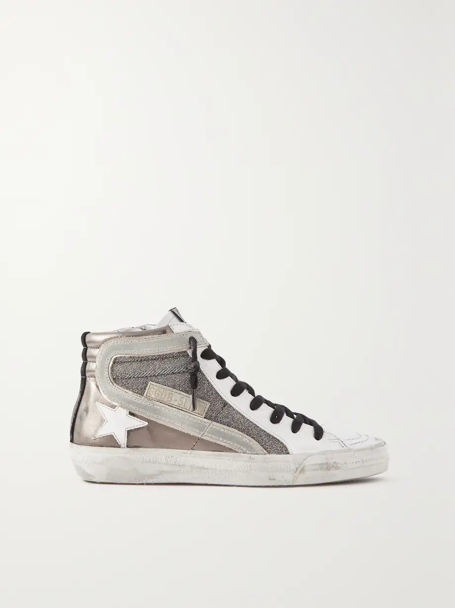 Golden Goose - Slide Distressed Suede-trimmed Leather And Lurex High-top Sneakers - Metallic Cover