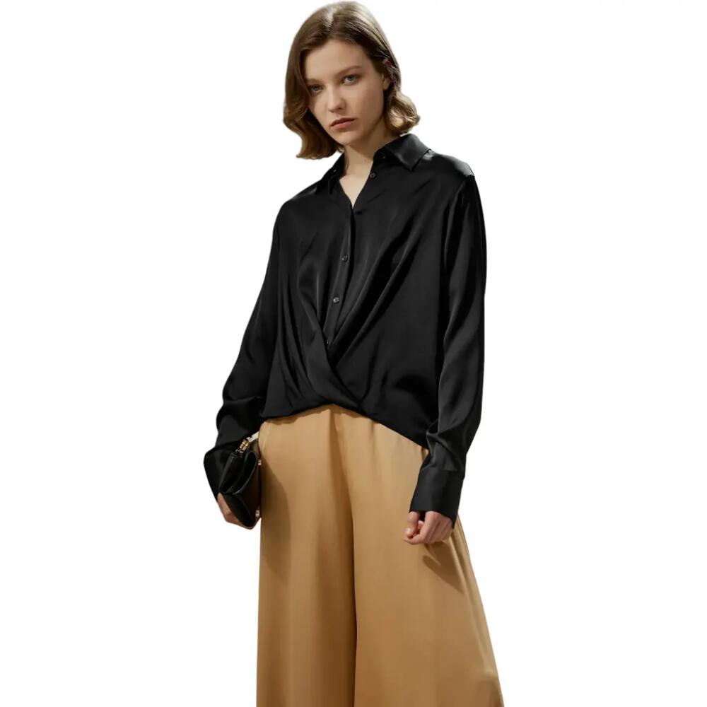 Lilysilk Hem Pleated Silk Blouse in Black Cover