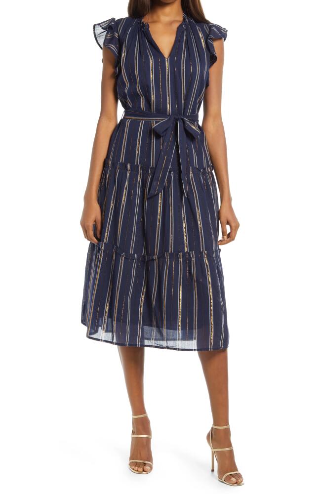 Adelyn Rae Metallic Stripe Ruffle Sleeve Midi Dress in Navy Cover