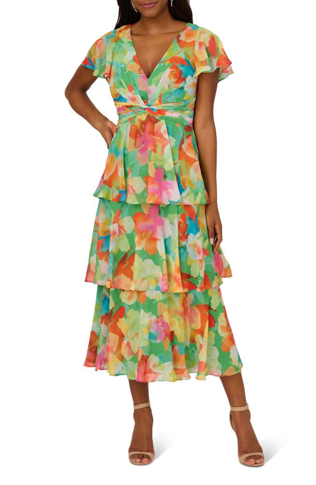 Adrianna Papell Floral Tiered Chiffon Midi Dress in Green Multi Cover