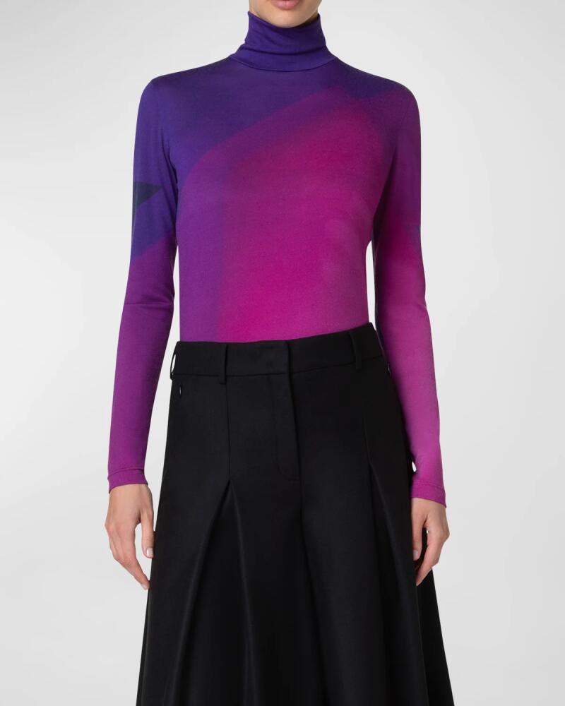 Akris Turtleneck Alta Magenta Print Cashmere-Silk T-Shirt Cover