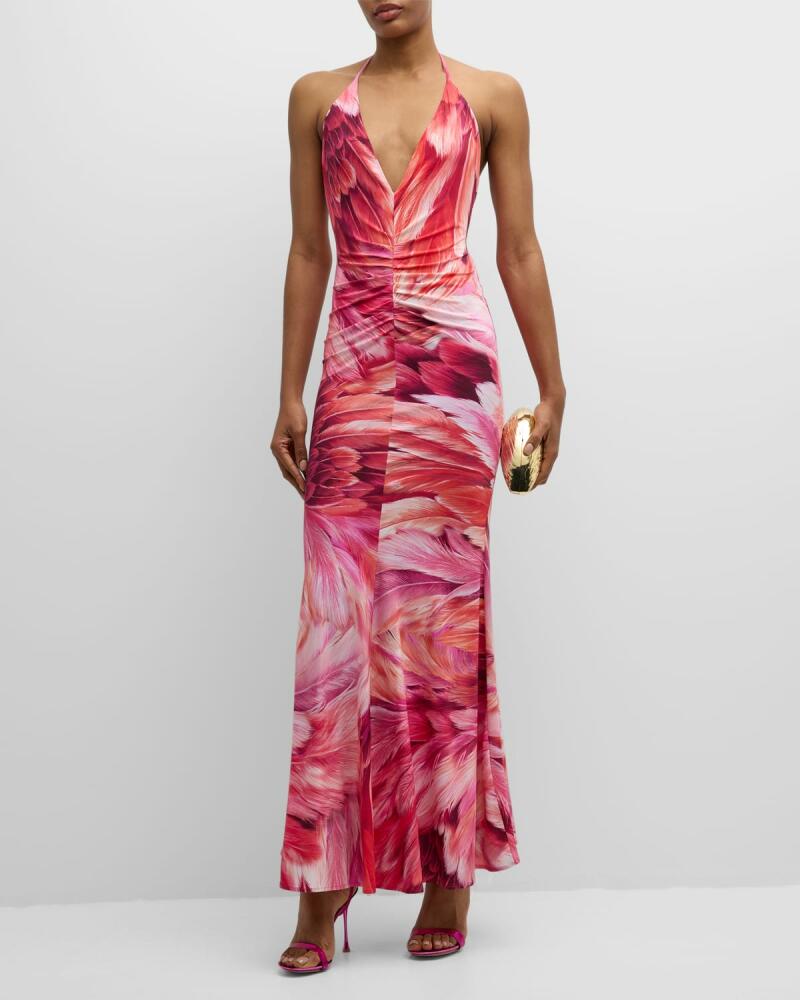 Roberto Cavalli Feather-Print Ruched Plunging Halter Gown Cover