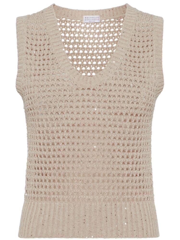 Brunello Cucinelli sequin-embellished open-knit vest - Neutrals Cover