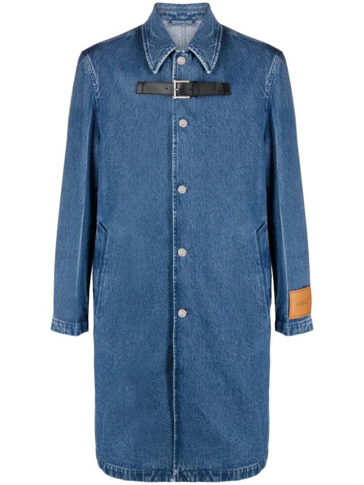 Versace logo-patch denim midi coat - Blue Cover