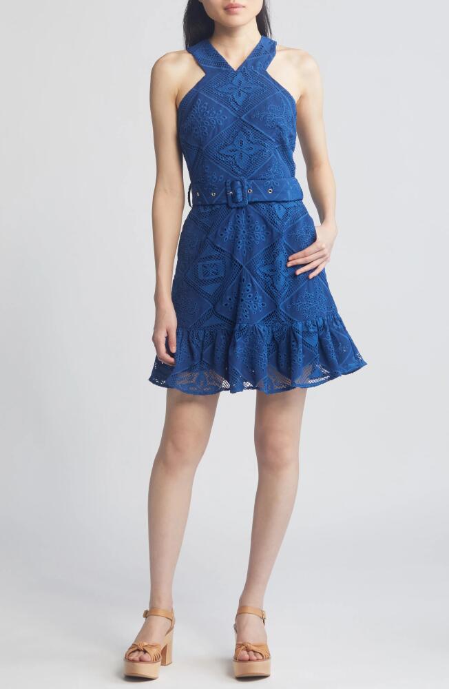 CIEBON Braylee Lace Eyelet Belted Sleeveless Minidress in Navy Cover