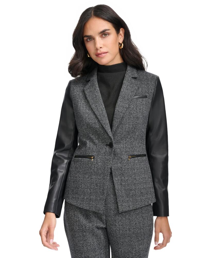 Calvin Klein Women's Faux-Leather-Sleeve Blazer - Black Multi Cover