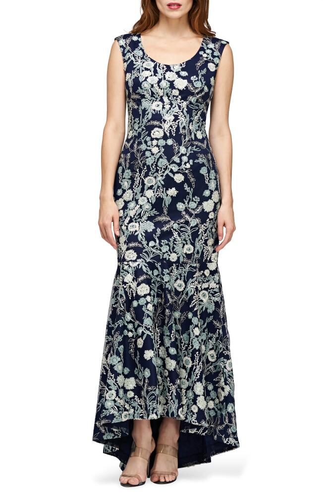 JS Collections Rosaline Floral Embroidered High-Low Gown in Navy/Sage Cover