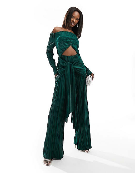 ASOS DESIGN plisse bardot twist front wide leg jumpsuit in bottle green Cover