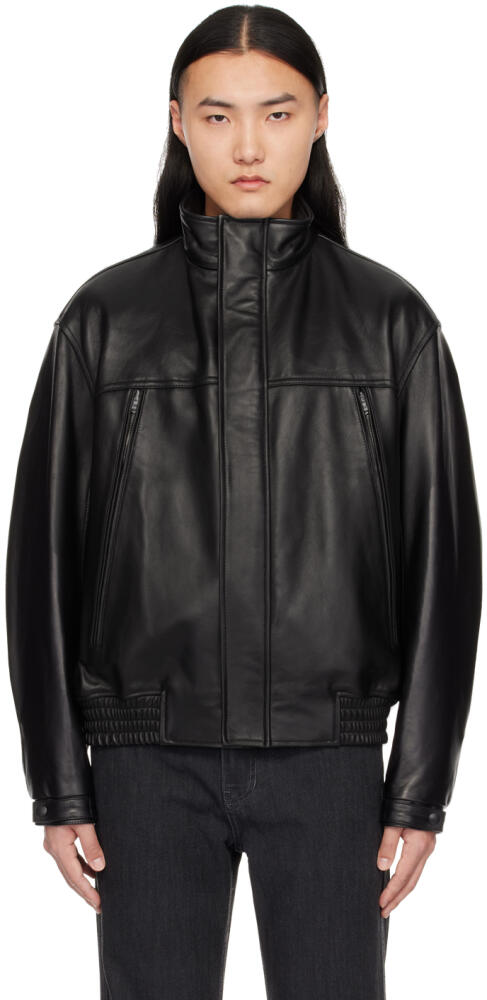 Solid Homme Black Hooded Leather Jacket Cover