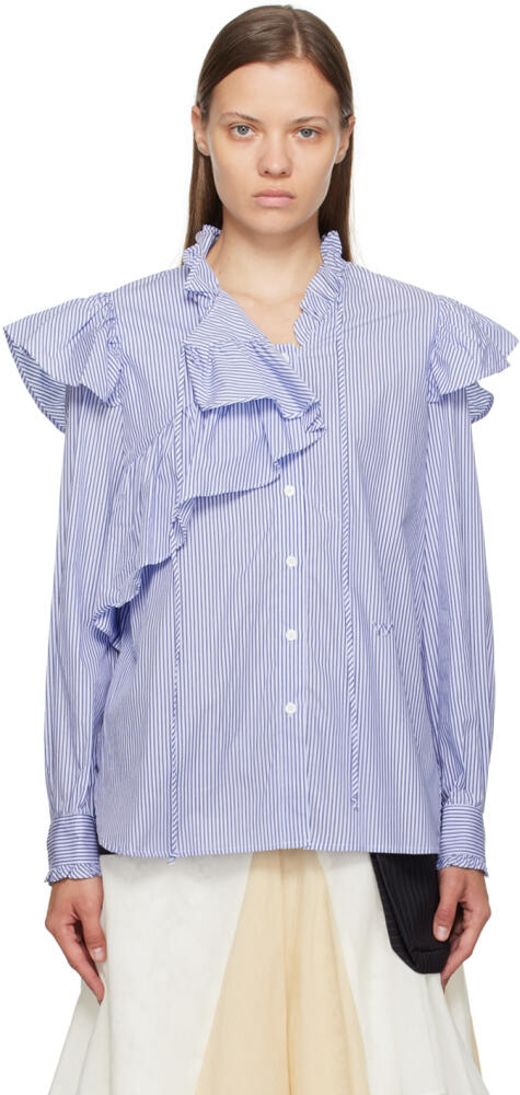 OPEN YY Blue Unbalanced Stripe Ruffle Shirt Cover