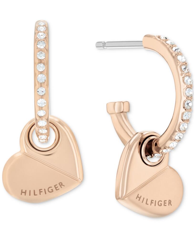 Tommy Hilfiger Gold-Tone Stainless Steel Heart Charm Pave Hoop Earrings - Carnation Cover