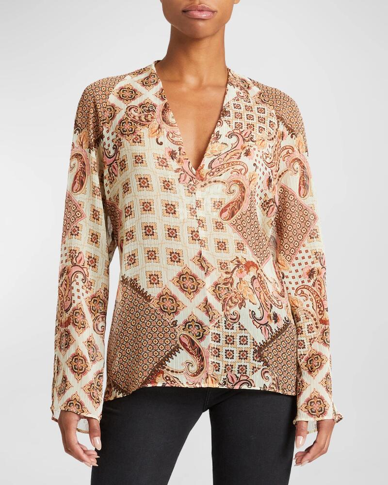 Santorelli Zuri Patchwork-Print Georgette Blouse Cover