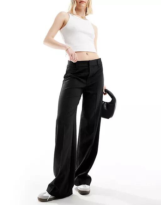 Pull & Bear wide leg pinstriped tailored pants with contrast edge in black-Gray Cover