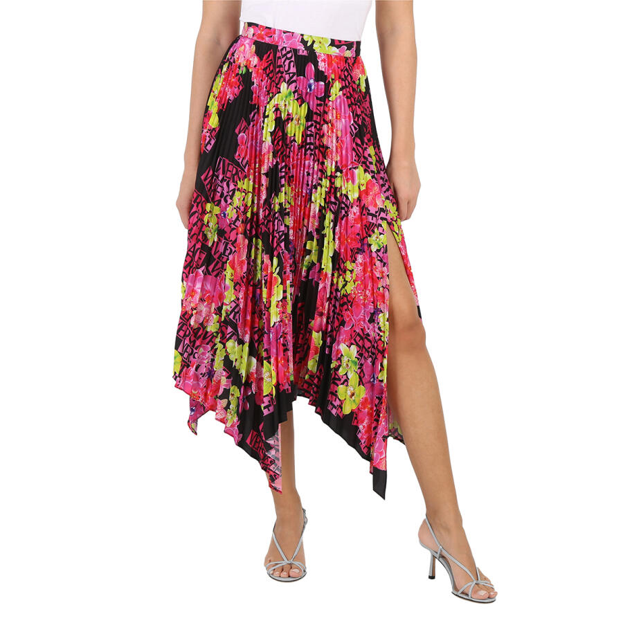 Versace Orchid Print Pleated Crepe De Chine Midi Skirt Cover