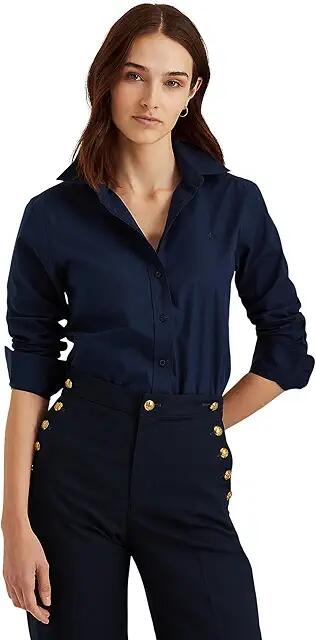 LAUREN Ralph Lauren Easy Care Stretch Cotton Shirt (Lauren Navy) Women's Short Sleeve Button Up Cover