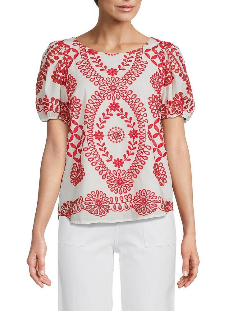 Renee C. Women's Embroidered Puff Sleeve Top - Red White Cover