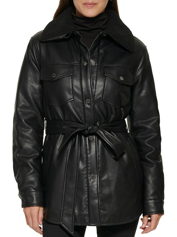 Kenneth Cole Women's Faux Leather & Faux Shearling Belted Shirt Jacket - Black Cover