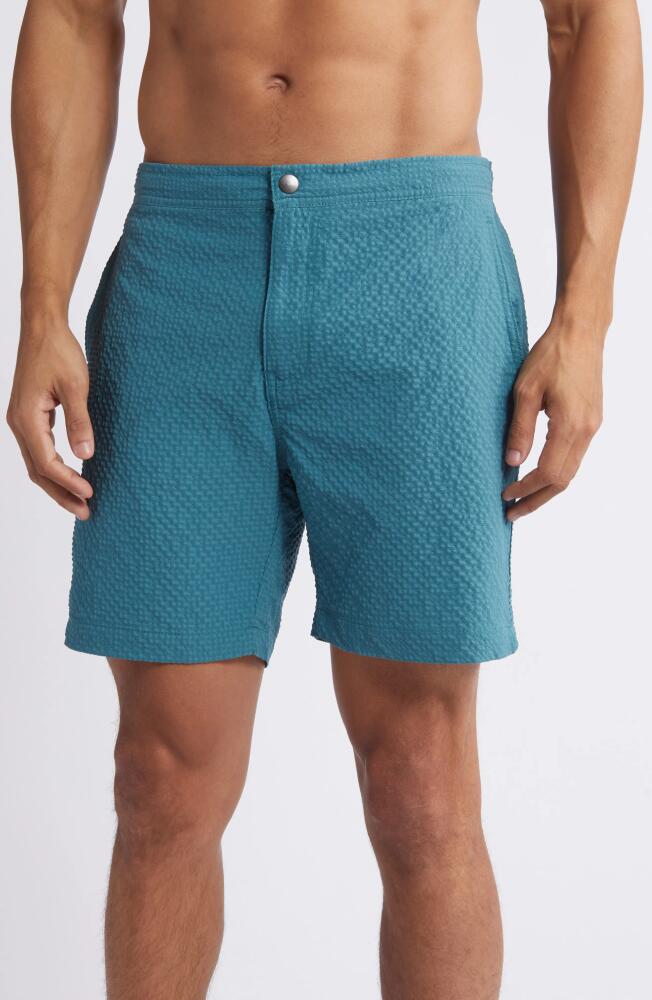 Nordstrom Flat Front Seersucker Swim Trunks in Teal Hydro Cover