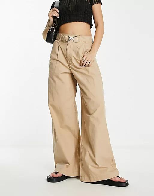 River Island belted wide leg pants with hardware detail in beige-Neutral Cover