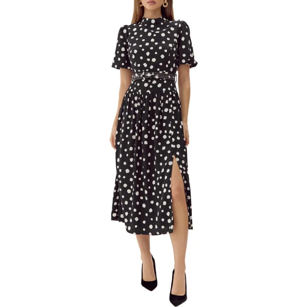 Adelyn Rae Dot Belted Puff Shoulder Midi Dress in Black/Ivory Cover