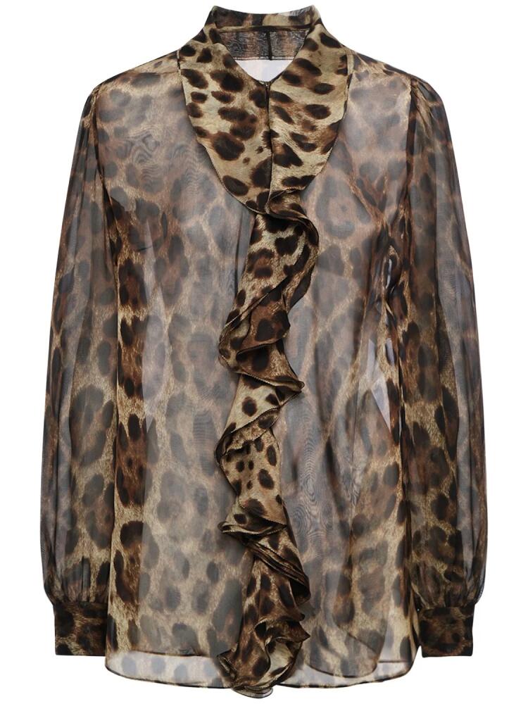 DOLCE & GABBANA Leopard Print Ruffled Silk Chiffon Shirt Cover