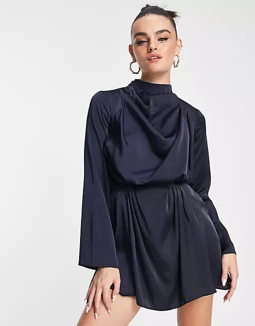 ASOS DESIGN satin drape neck mini dress with pleat detail and open back in navy Cover