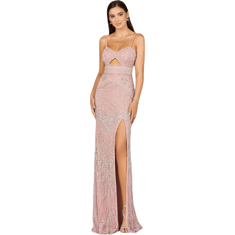 LARA New York Embellished Gown with Slit And Low Back in Cashmere Cover