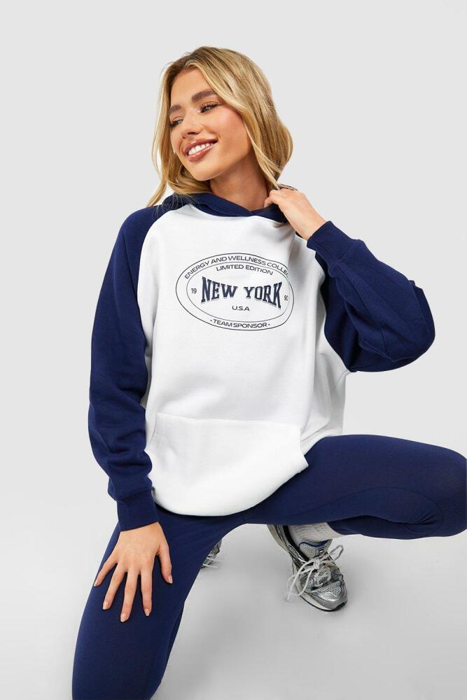 boohoo Womens New York Slogan Color Block Oversized Hoodie - Navy Cover