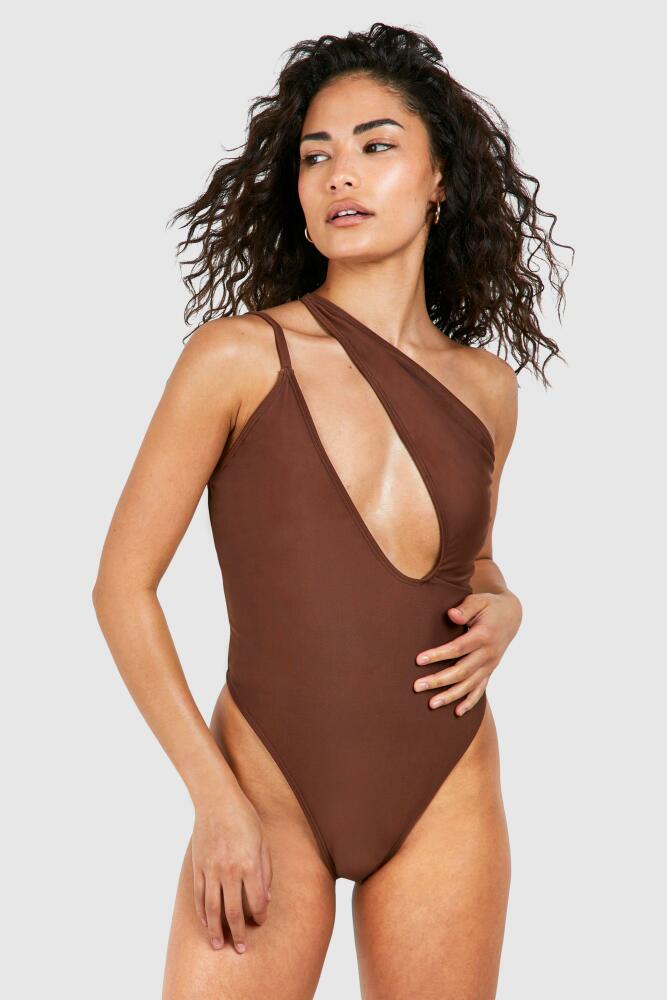 boohoo Womens Petite Plunge One Shoulder Bathing Suit - Brown Cover