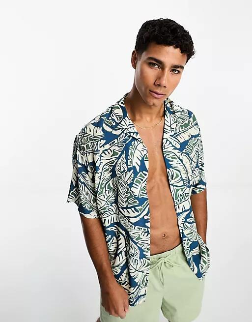 Pull & Bear multi leaf print shirt in blue Cover