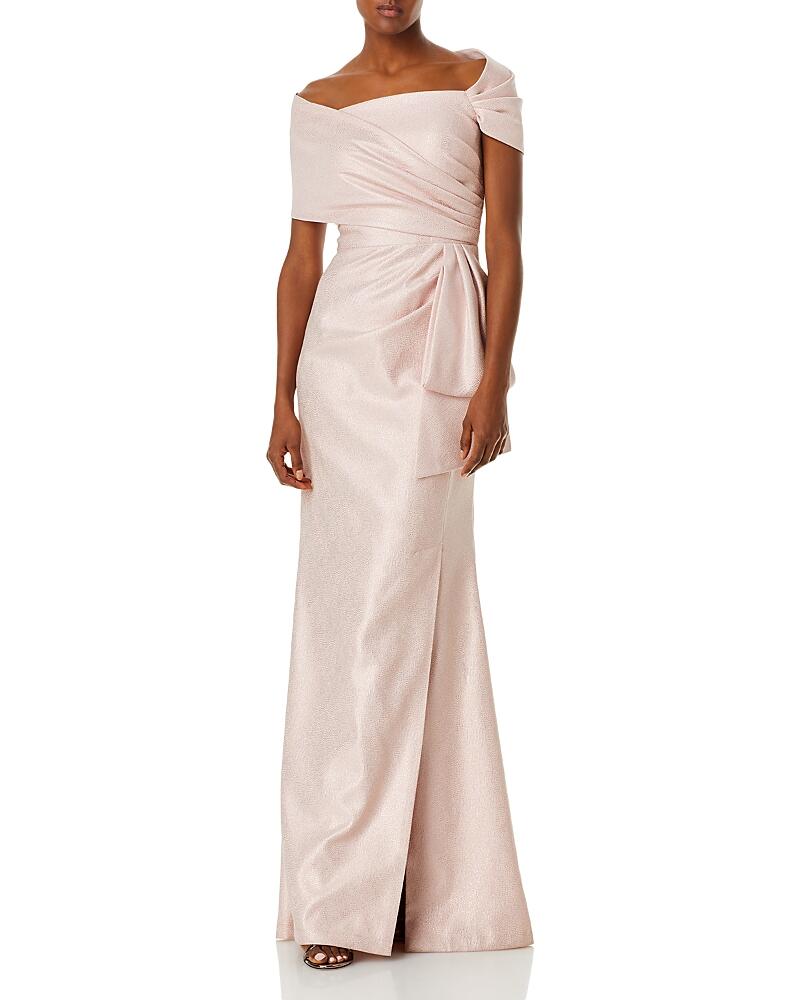 Teri Jon by Rickie Freeman Metallic Jacquard Asymmetric Pleated Gown Cover