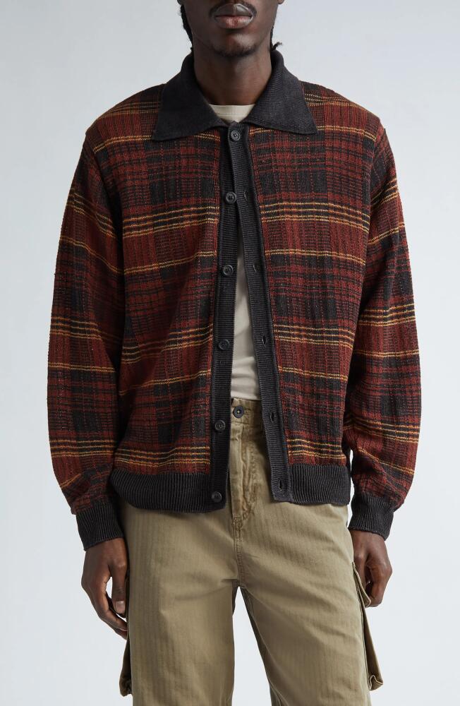 OUR LEGACY Evening Polo Intarsia Check Hemp Cardigan in Rust Geezer Check Cover