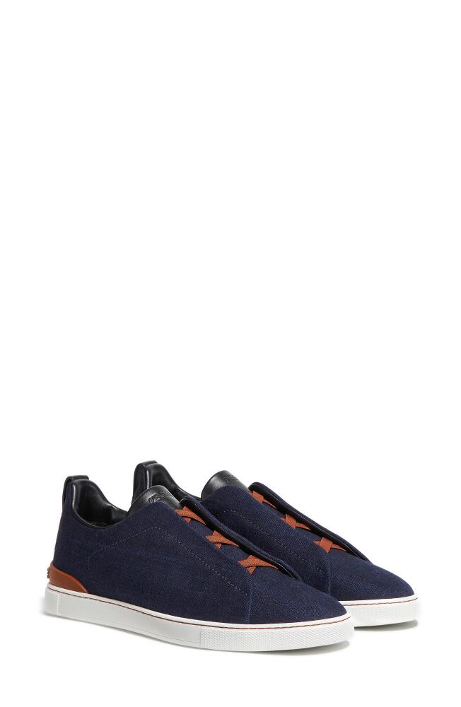 ZEGNA Triple Stitch Denim Slip-On Sneaker in Indigo Cover