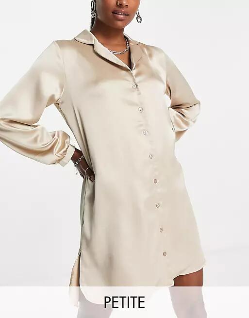 Flounce London Petite satin mini shirt dress in mink-Pink Cover