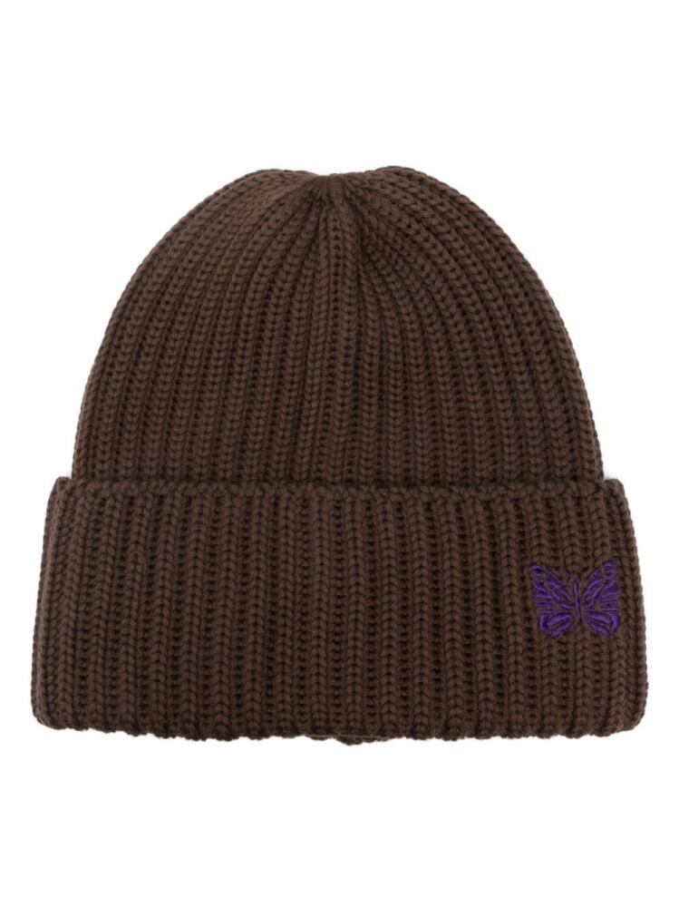 Needles logo-embroidered ribbed-knit beanie - Brown Cover