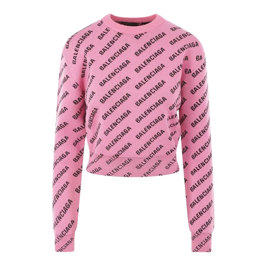 Balenciaga Ladies Pink/Black Mini All Over Logo Cropped Sweater Cover