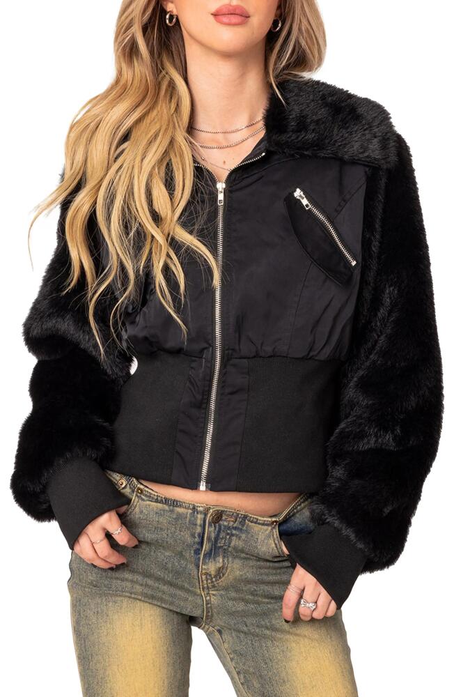 EDIKTED Malliora Faux Fur Trim Bomber Jacket in Black Cover