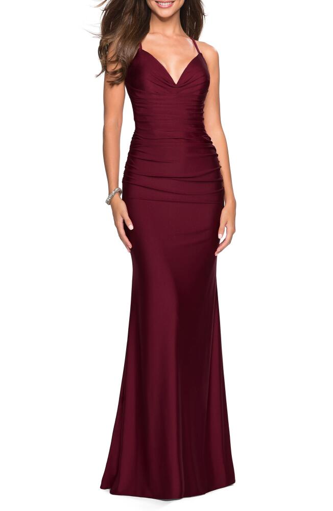 La Femme Strappy Back Ruched Trumpet Gown in Dark Berry Cover