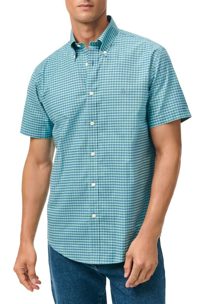 Brooks Brothers Regular Fit Gingham Check Non-Iron Short Sleeve Stretch Cotton Button-Down Oxford Shirt in Green/Navy Gingham Cover