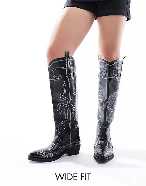 Public Desire Wide Fit Serpentine western boots with embroidery in black Cover