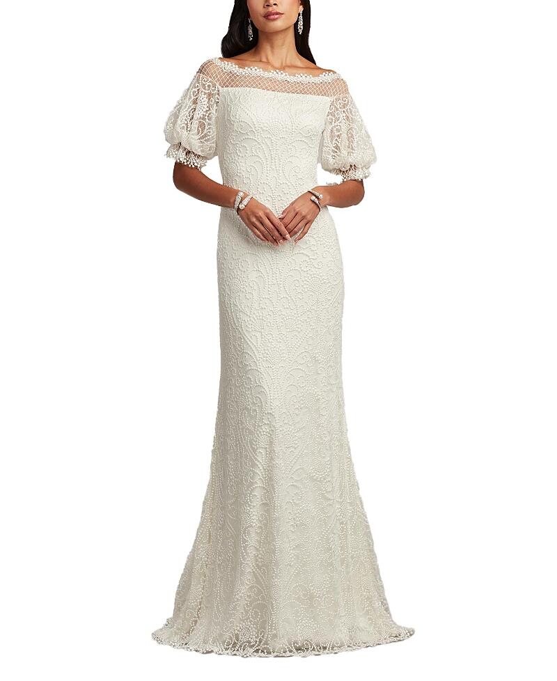 Tadashi Shoji Whelan Embroidered Puff-Sleeve Gown Cover