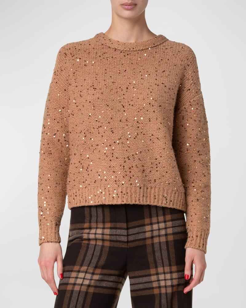 Akris Sequin Wool-Cashmere Knit Crewneck Sweater Cover