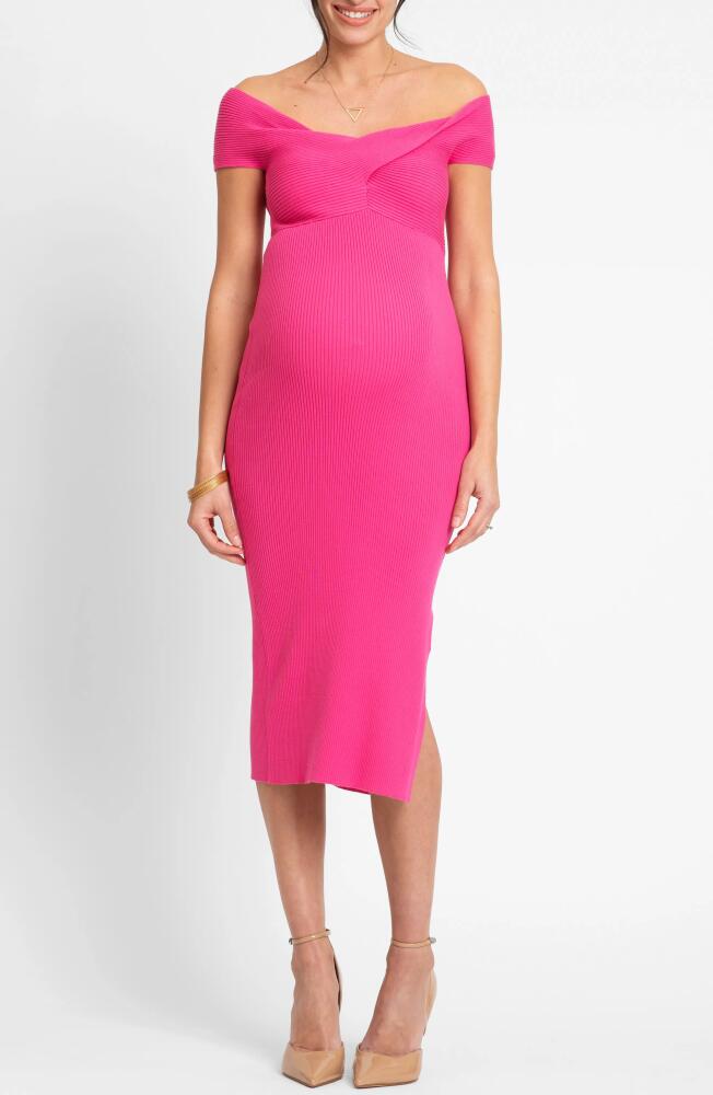 Seraphine Rib Knot Detail Off the Shoulder Midi Maternity Dress in Pink Cover