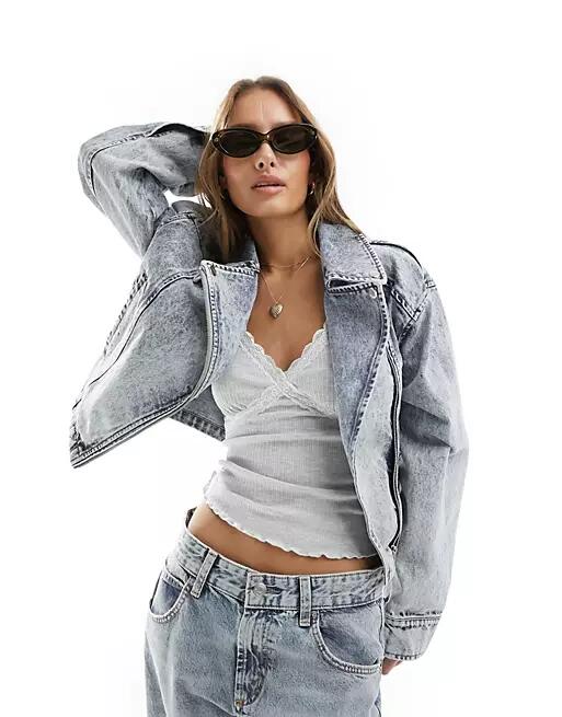 Miss Selfridge cropped denim moto jacket in blue acid wash Cover