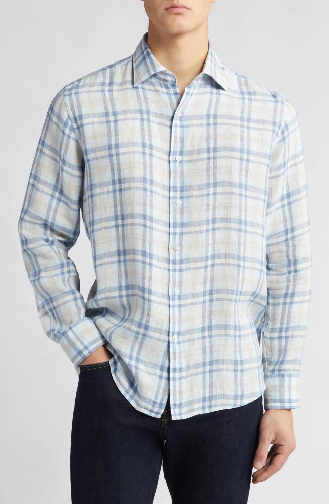 Peter Millar Emil Plaid Linen Button-Up Shirt in Blue Frost Cover