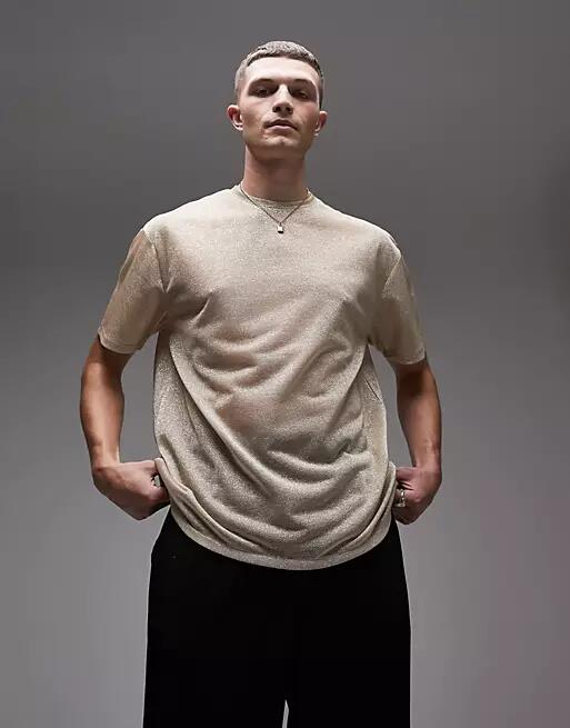 Topman oversized fit t-shirt with sheer metallic in gold-Neutral Cover