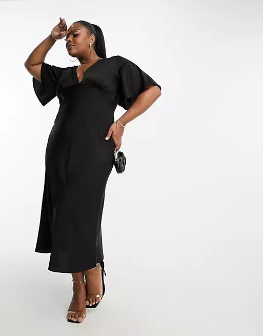 ASOS DESIGN Curve exclusive satin flutter sleeve midi dress in black Cover