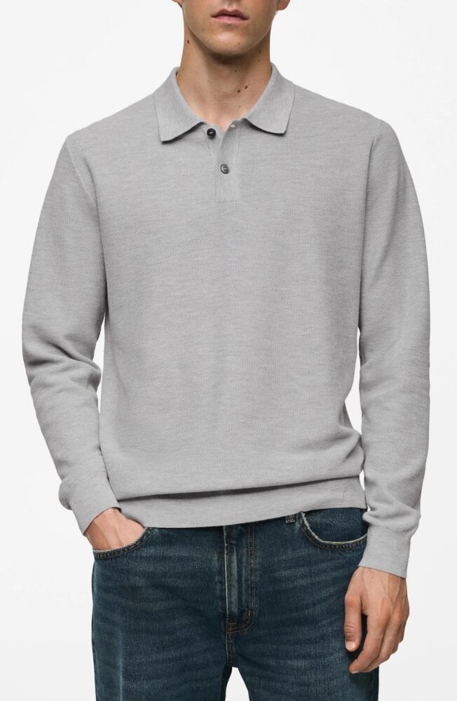 MANGO Structured Long Sleeve Polo Top in Medium Heather Grey Cover